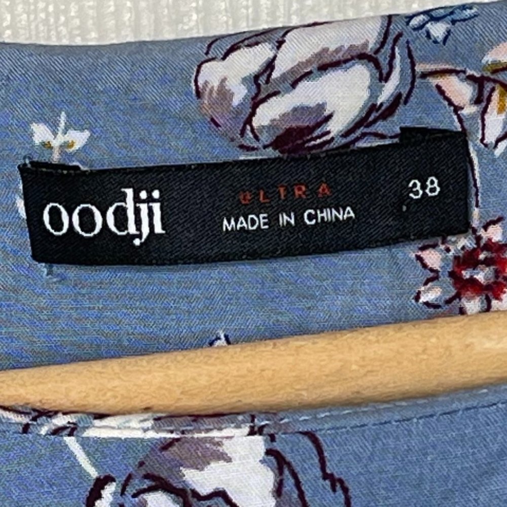 👗 OODJI | Blue Floral Dress Women Long Balloon Sleeves Shift | Size 38 - Picture 6 of 8